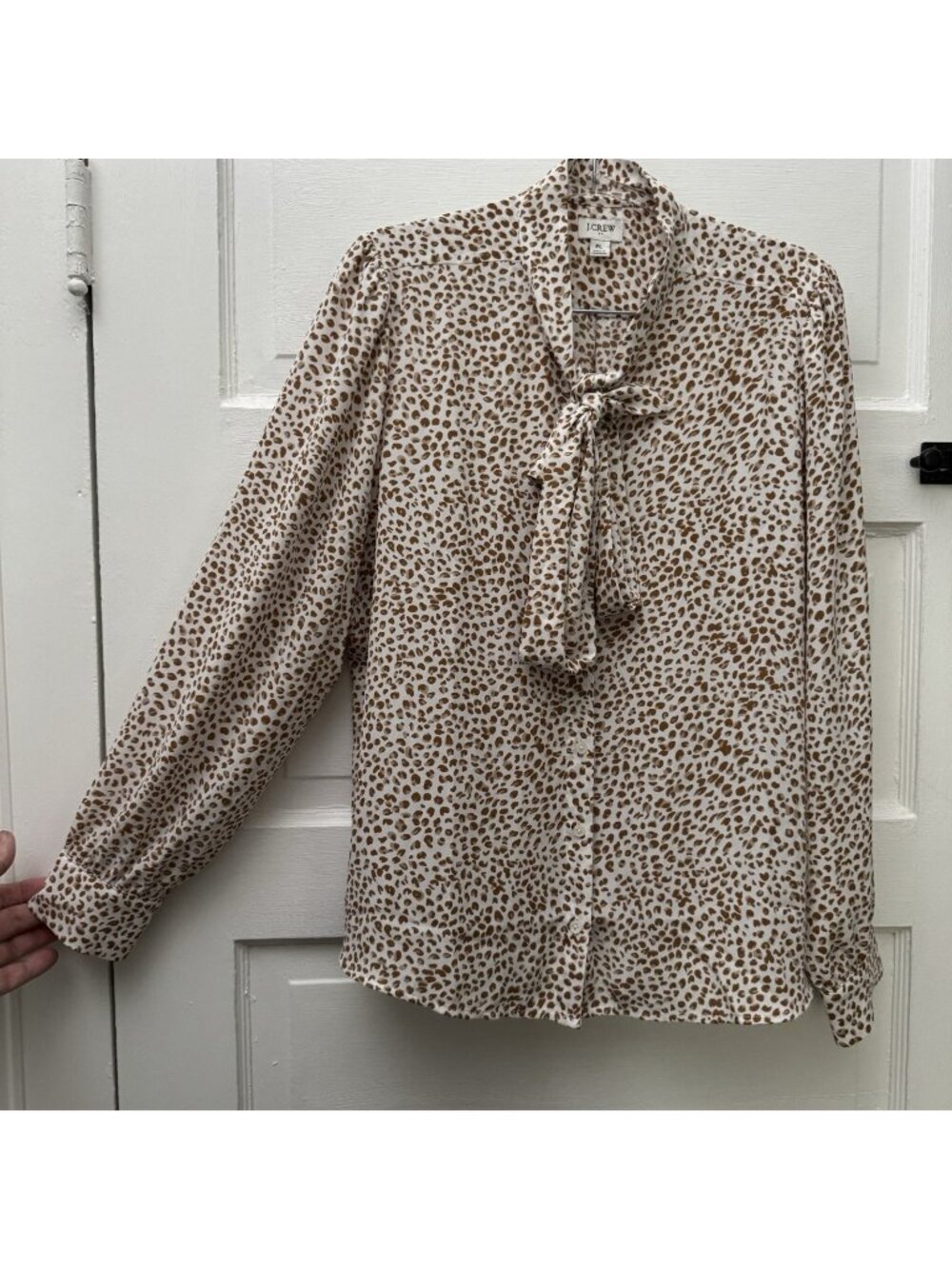 J.Crew Women’s PL Petite Leopard Print Tie Neck Button Front Blouse Brown